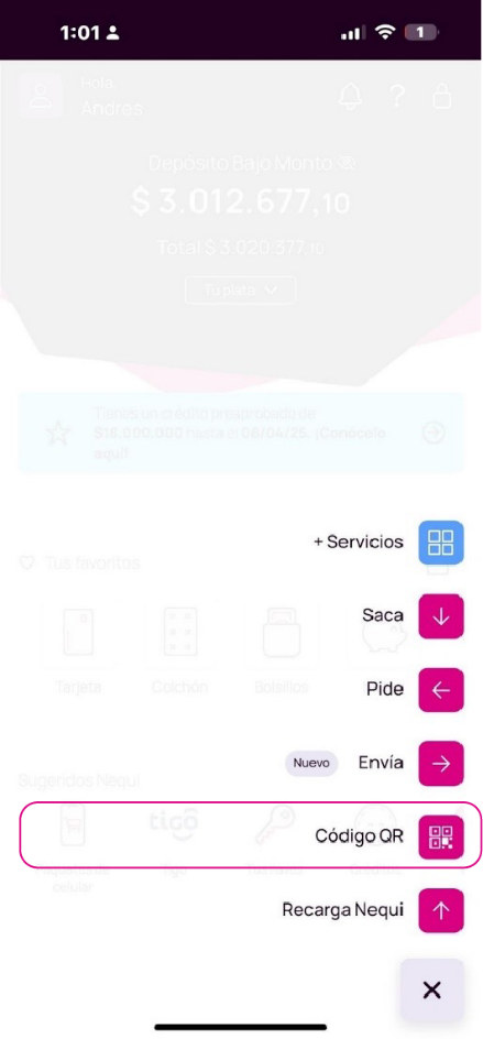 Opción código QR en la app Nequi