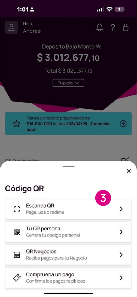 Opción de escanear QR en la app Nequi