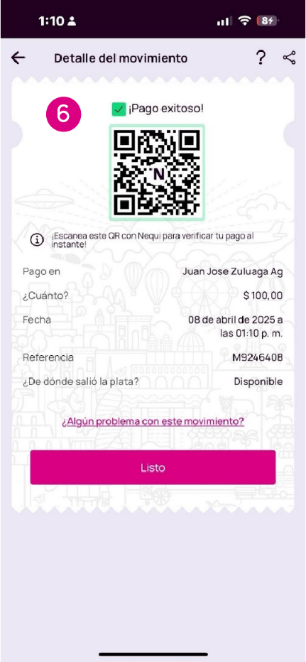 Comprobante de pago por QR en la app Nequi