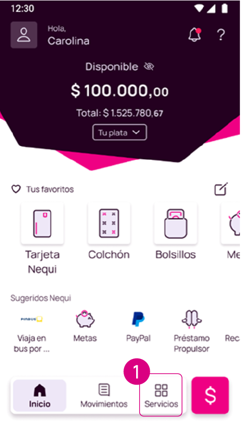 Opción Servicios en la app Nequi