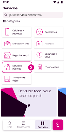 Opción Servicios Públicos en la app Nequi