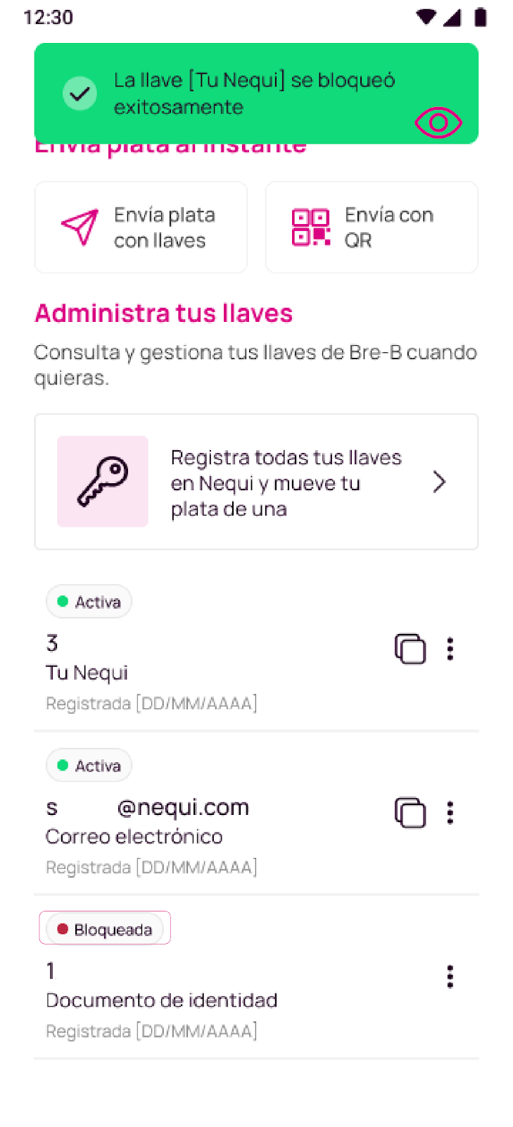 Confirmación de bloqueo de de llave exitoso en la app Nequi