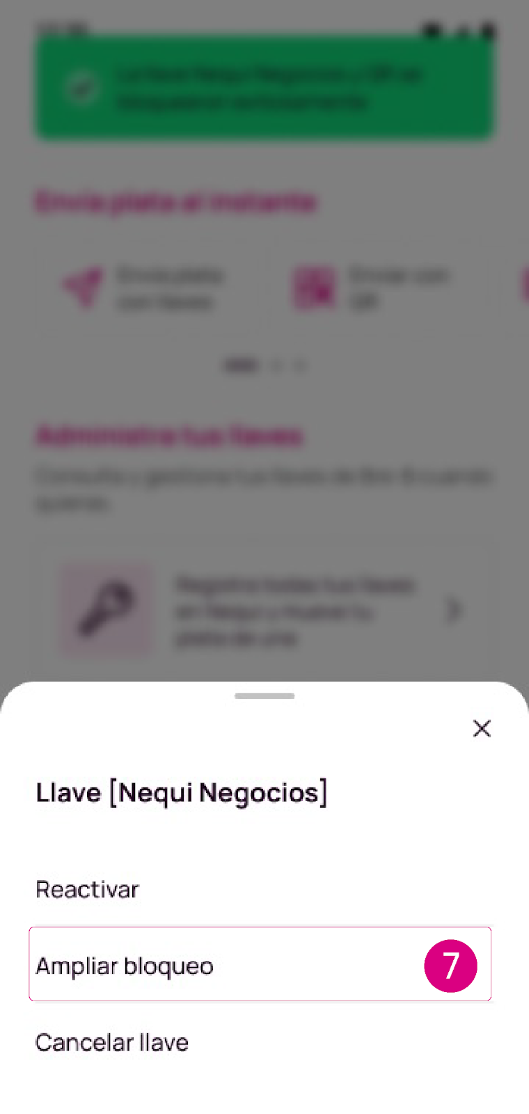 Opción para ampliar bloqueo de llave Negocios en la app Nequi