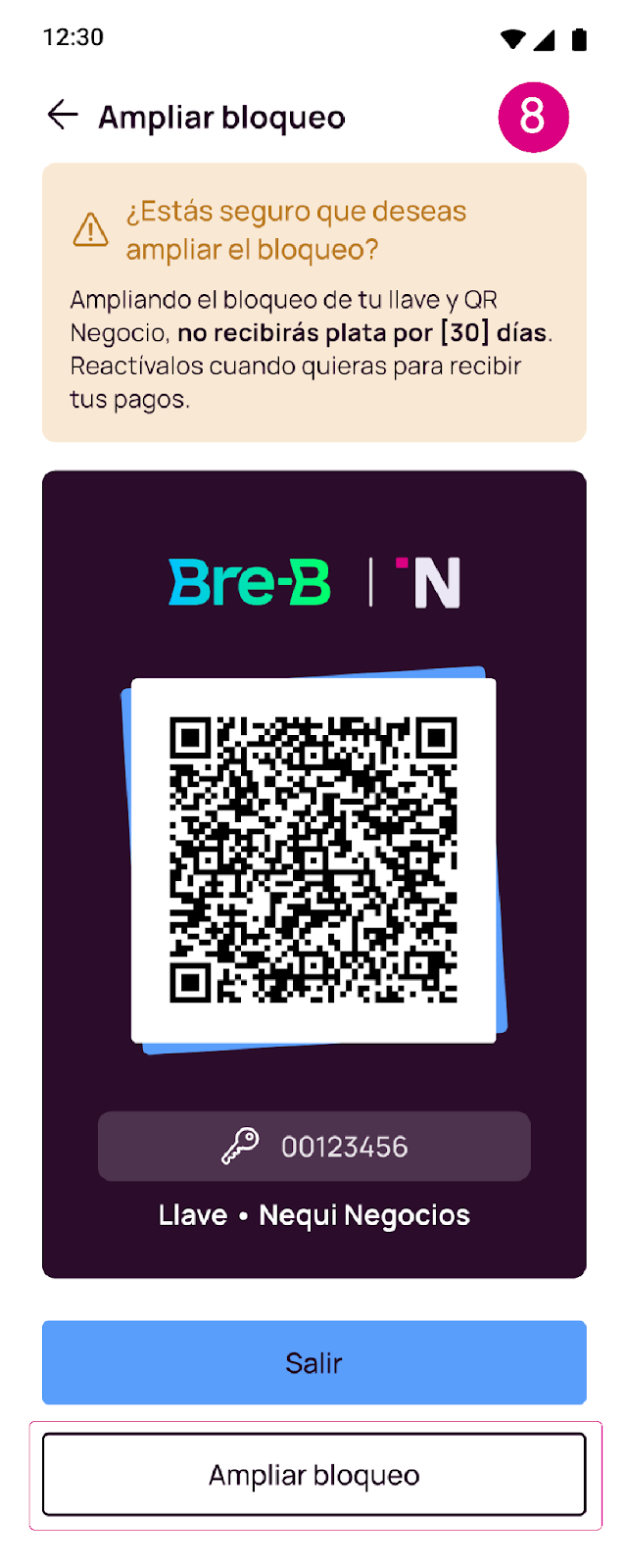 Confirmación de ampliación de bloqueo llave Negocios