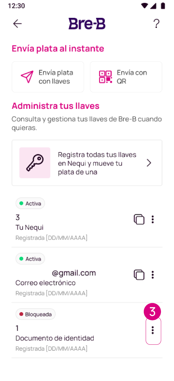 Pantalla de administrar tus llaves en Nequi