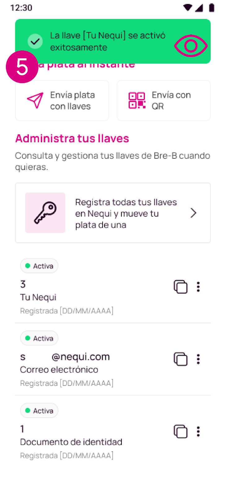 Pantalla de confirmación de llave en Nequi