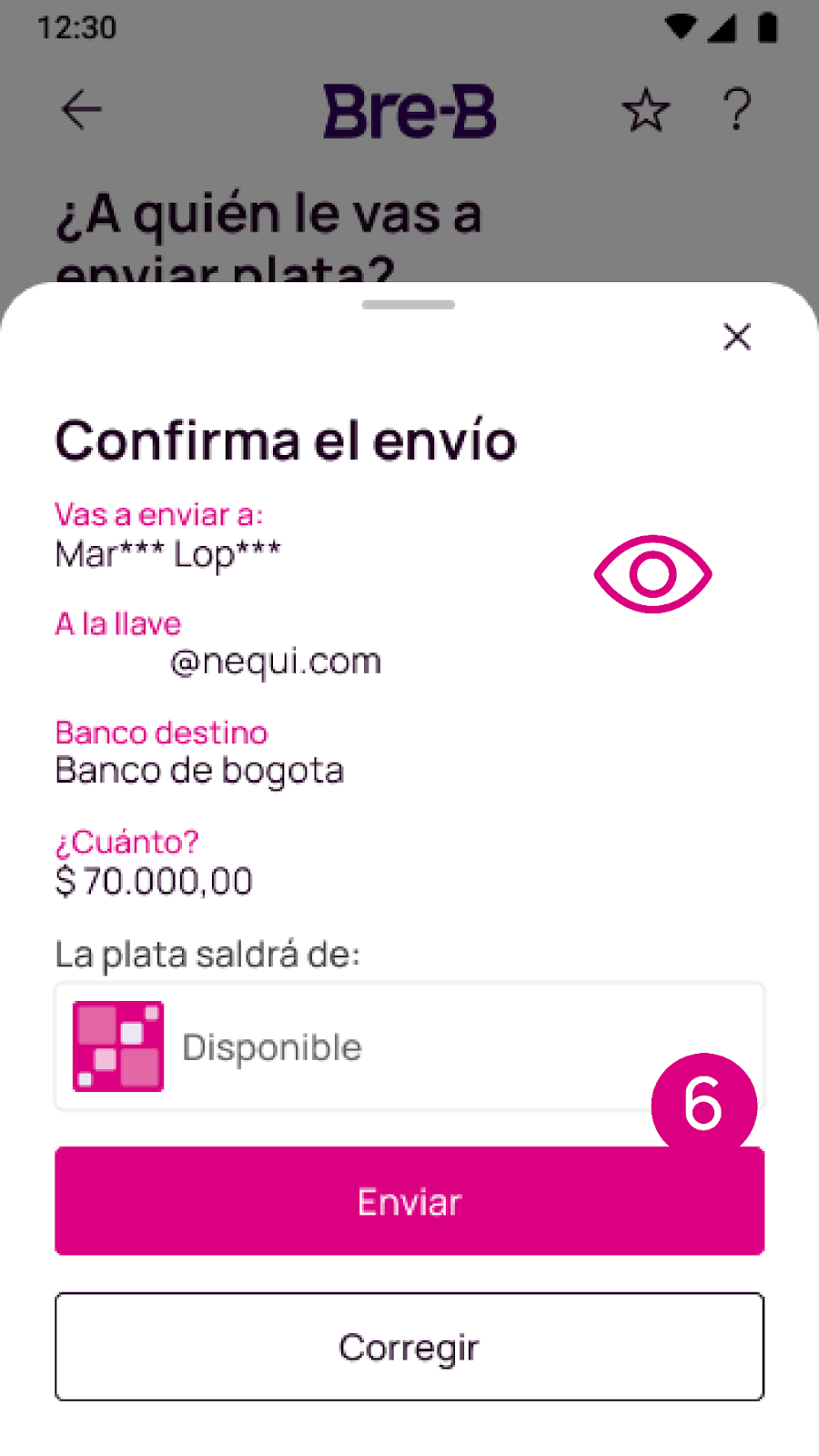 Opción Enviar con llave de Bre-B en la app Nequi