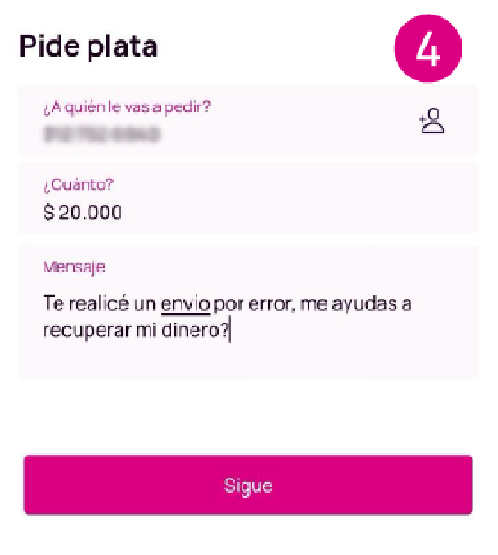 Pantalla de Ingresar datos para pedir la plata en Nequi