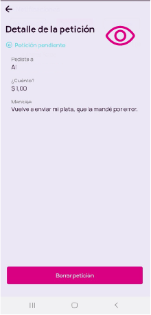 Pantalla detalle de la petición en la app Nequi