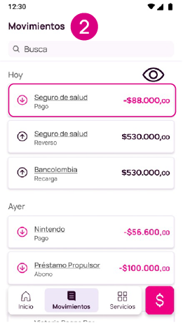 Pantalla de movimientos en Nequi