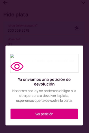 Pantalla detalle de la petición en la app Nequi