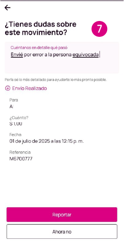 Pantalla de reportar movimiento en la app Nequi