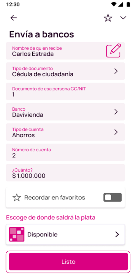 Pantalla de confirmación deenviar plata a otros bancos en Nequi