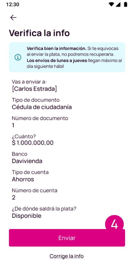 Pantalla de verificar la información en la app Nequi