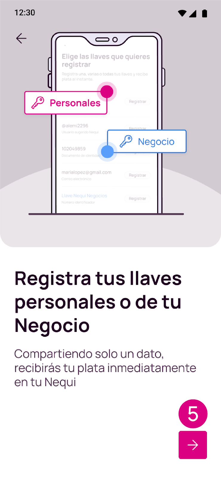 Pantalla de registra tus llaves personales o de negocios en Nequi