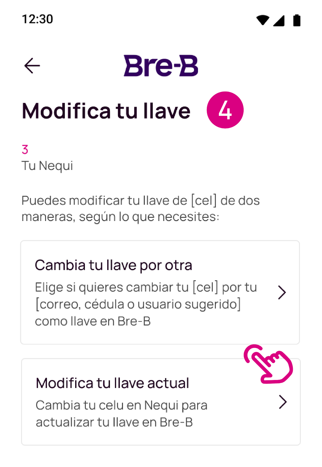 Escoge el tipo de modificación para la llave de Bre-B en Nequi