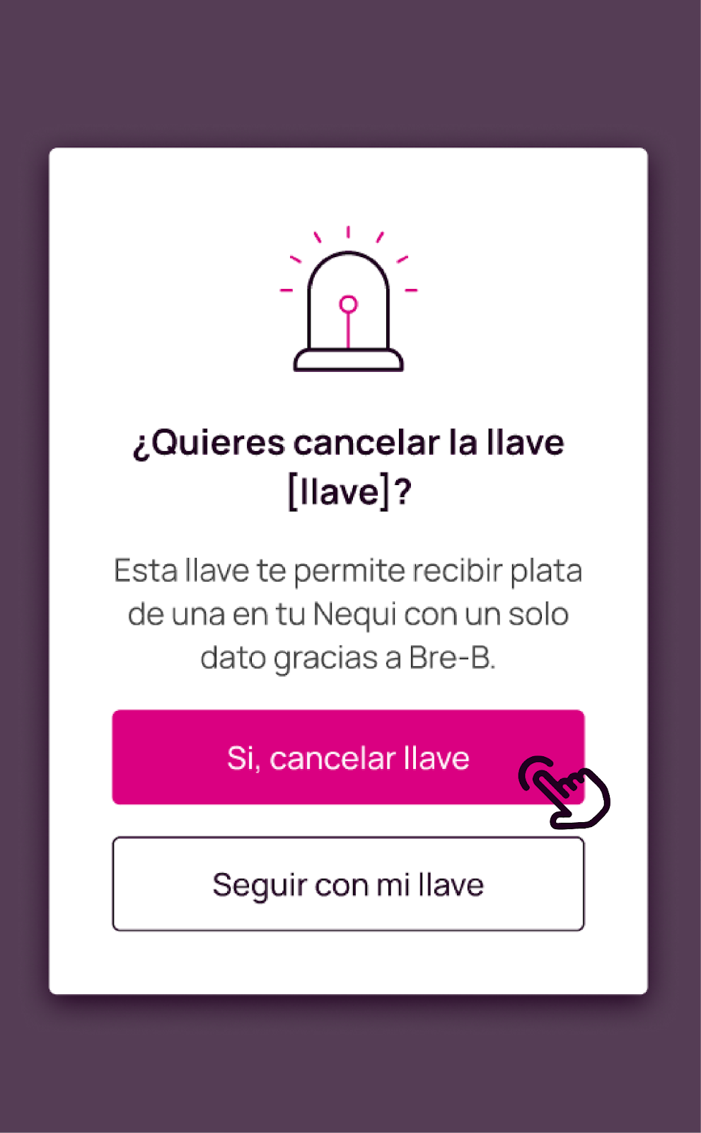 Pantalla de cancelar llave en Nequi