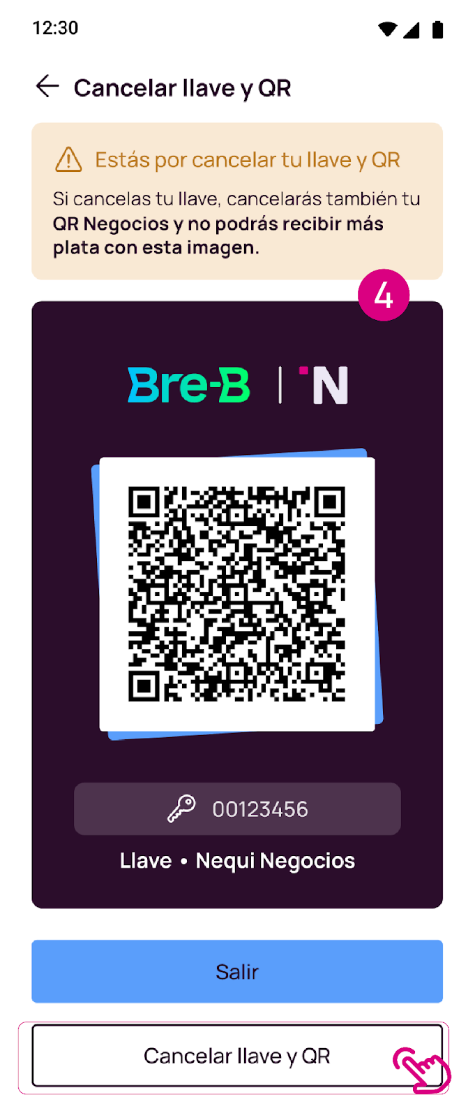 Pantalla de cancelar llave y QR en Nequi
