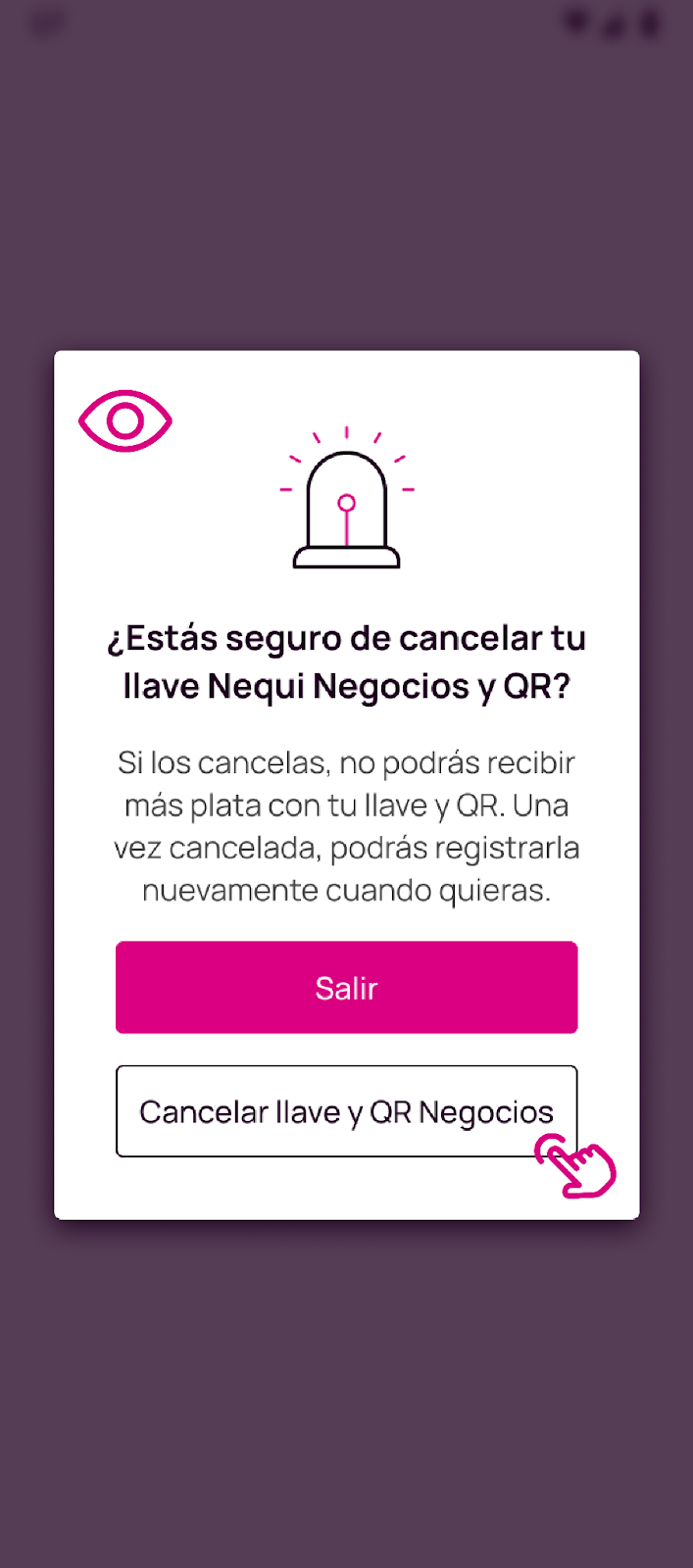 Pantalla de cancelar llave y Qr negocios en Nequi