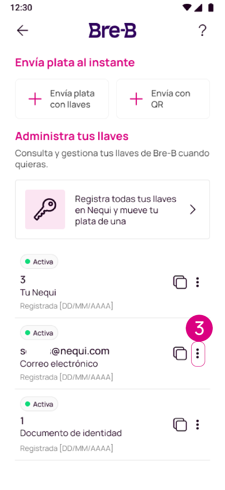 Pantalla de envia la plata al instante en Nequi