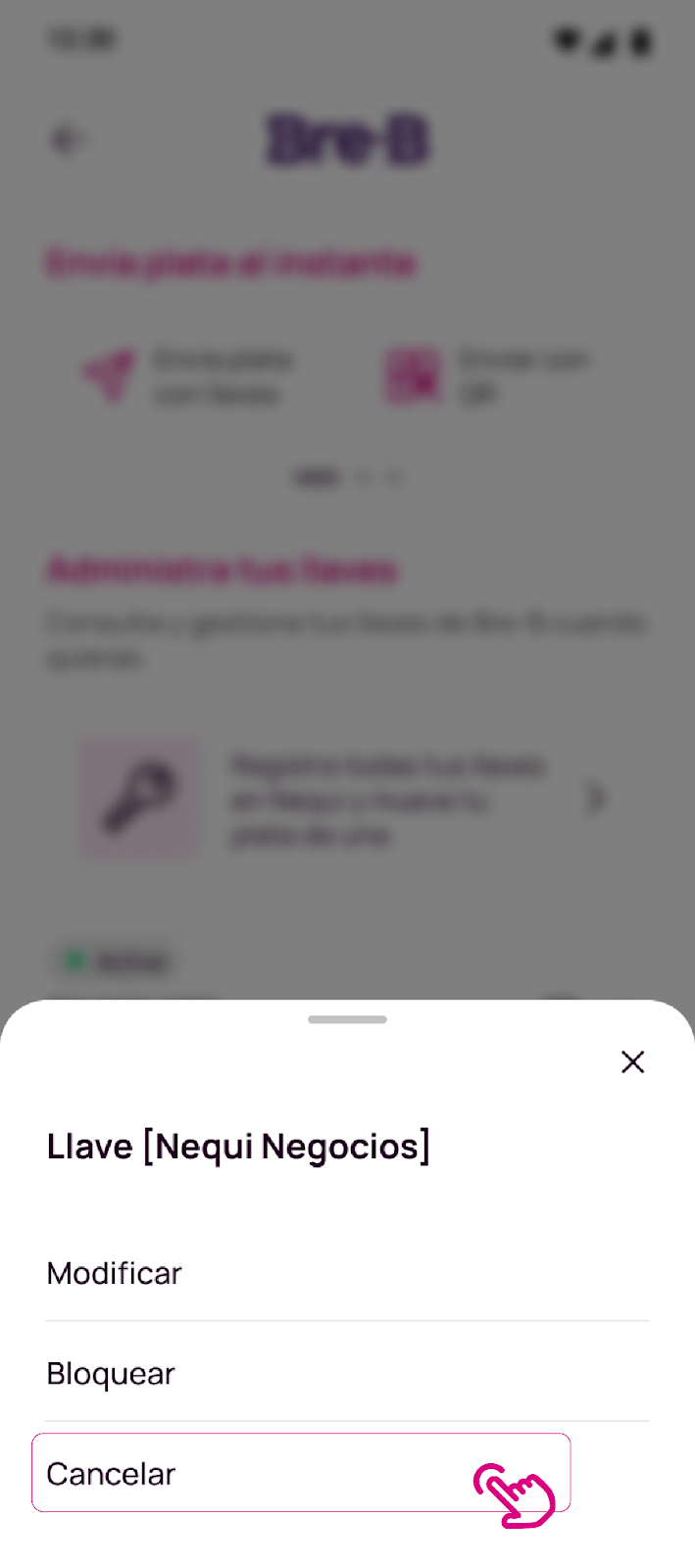 Pantalla de cancelar llave negocios en Nequi
