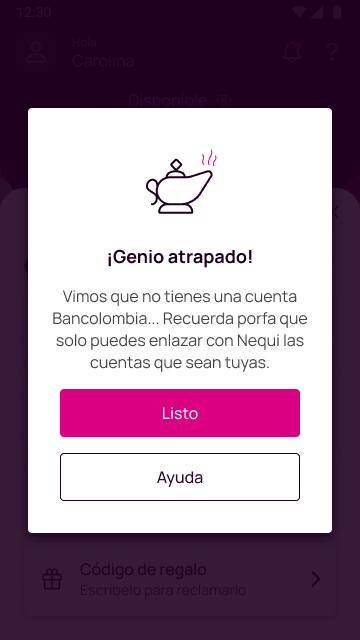 Error de usuario sin cuenta Bancolombia al recargar con plata al toque