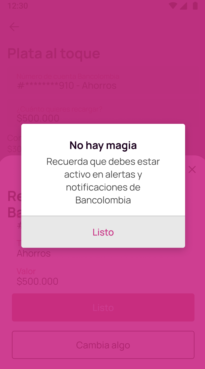 Error del usuario por no tener alertas activas en Bancolombia para recargar con plata al toque