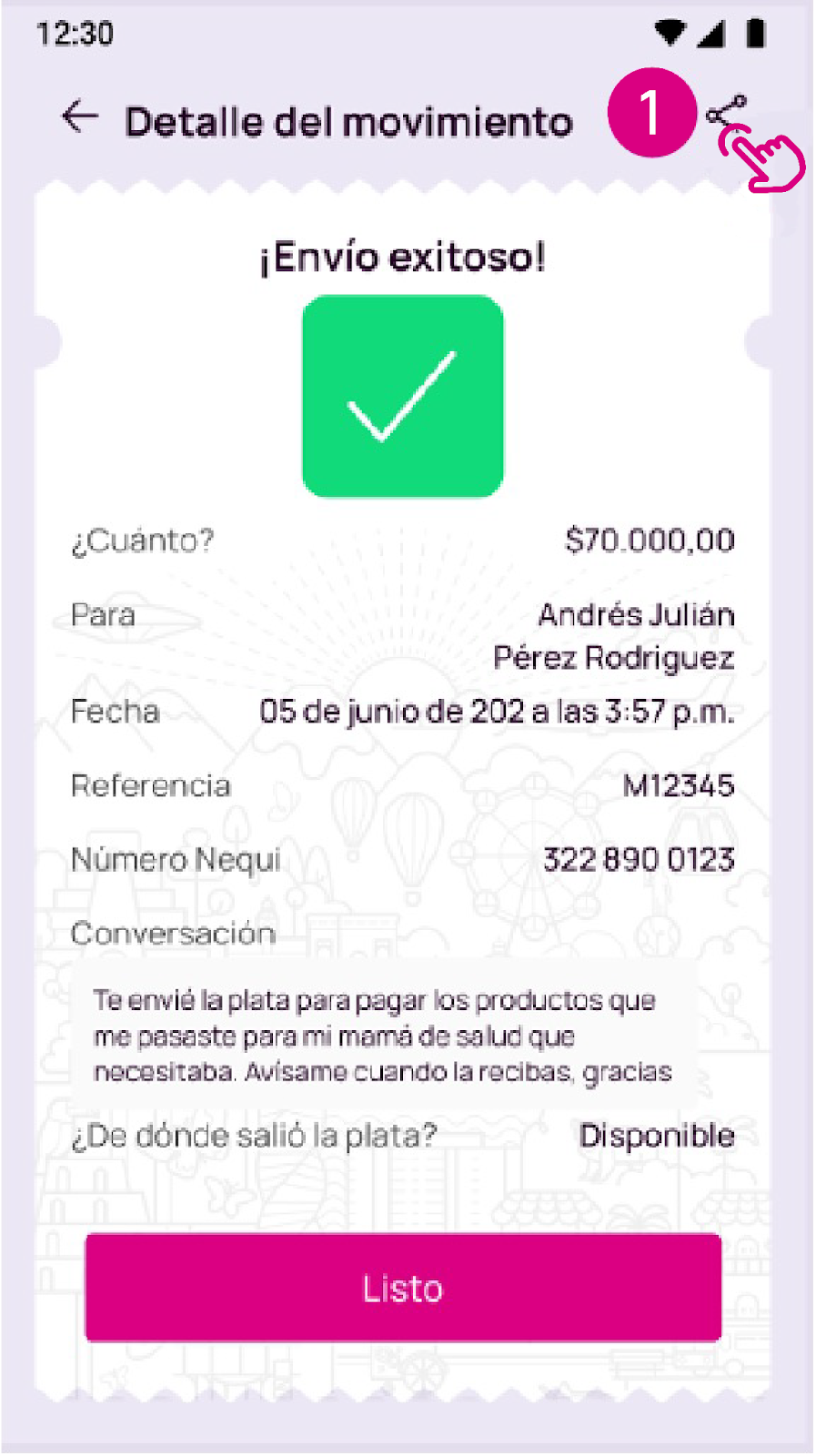 Comprobante o detalle del movimiento en la app Nequi