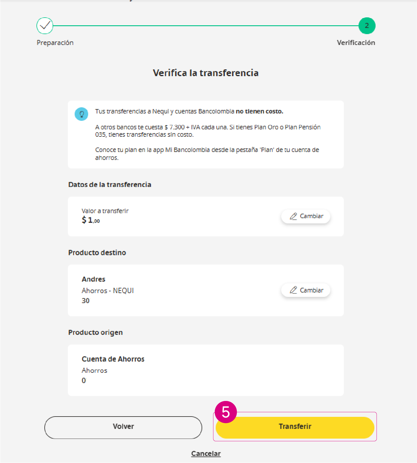 Pantalla de Transferir en la app Bancolombia 
