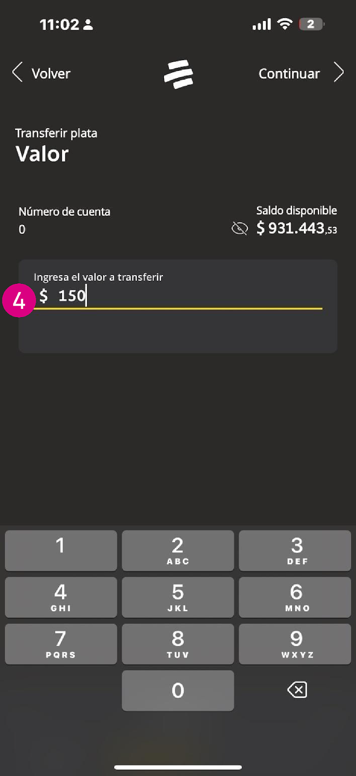 Pantalla de escribir el valor en la app Bancolombia