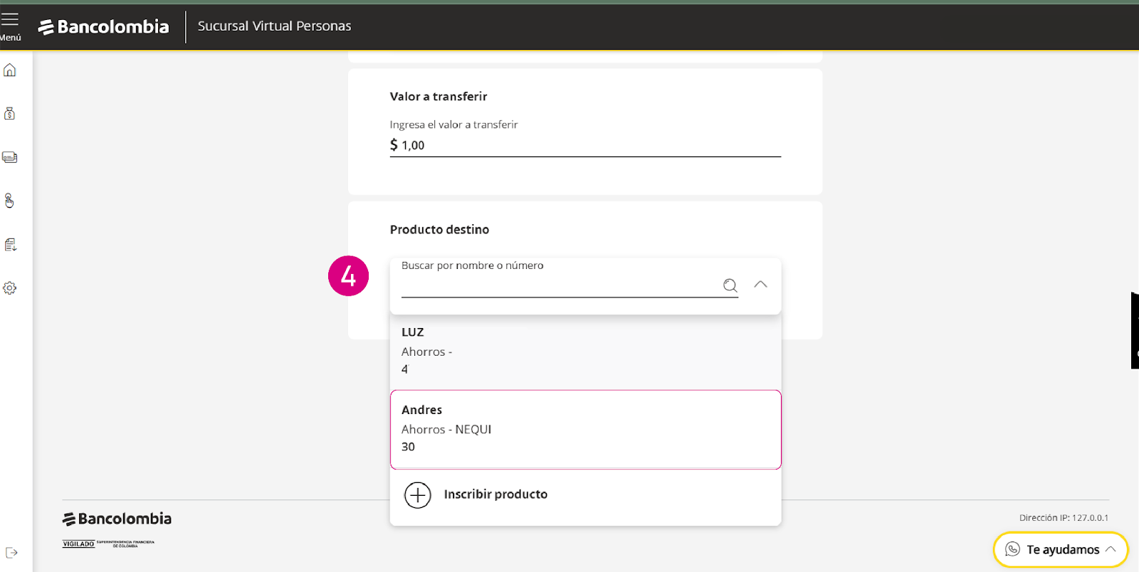 Pantalla Producto destino de Bancolombia