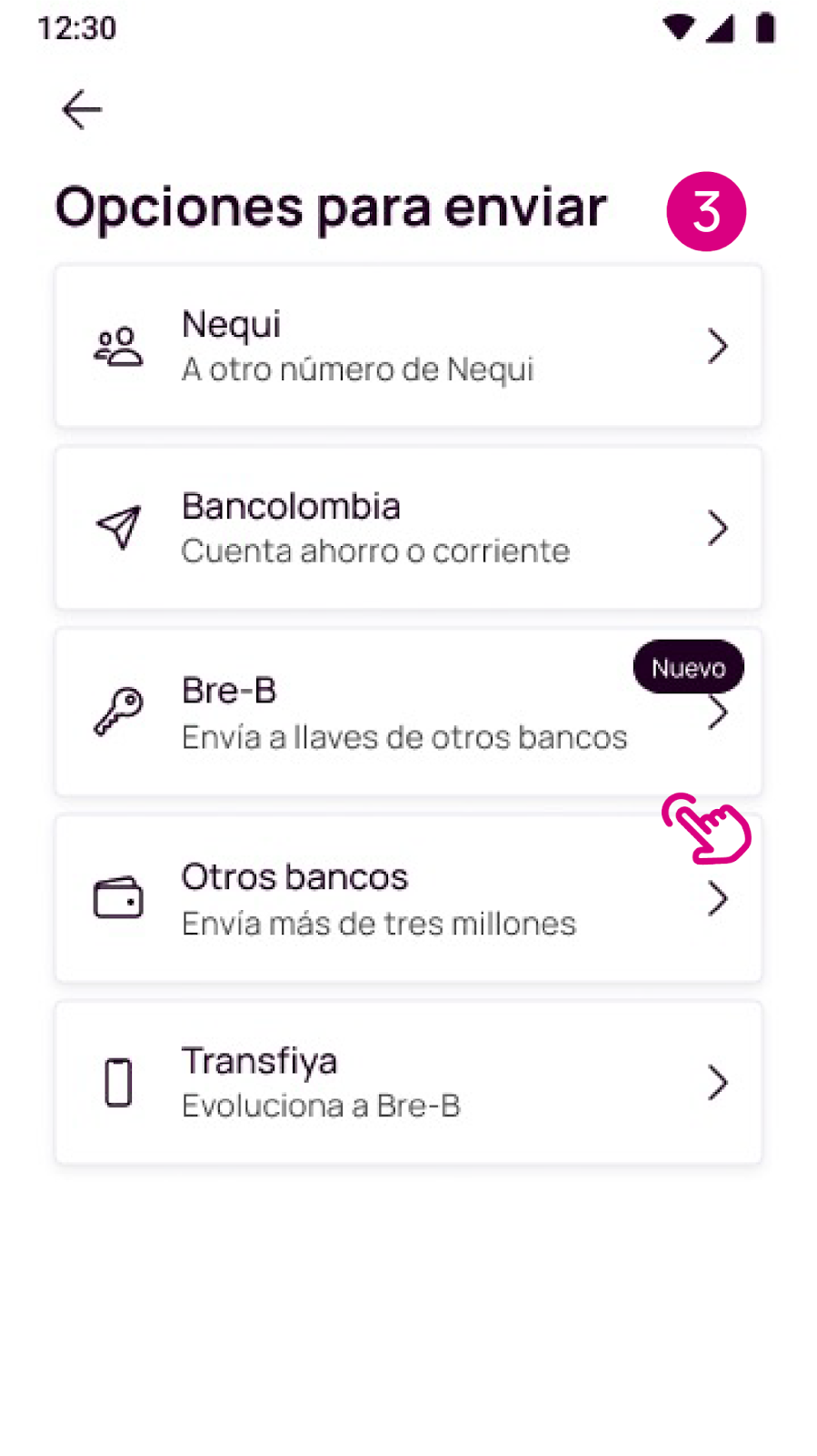 Opciones para enviar plata desde la app Nequi
