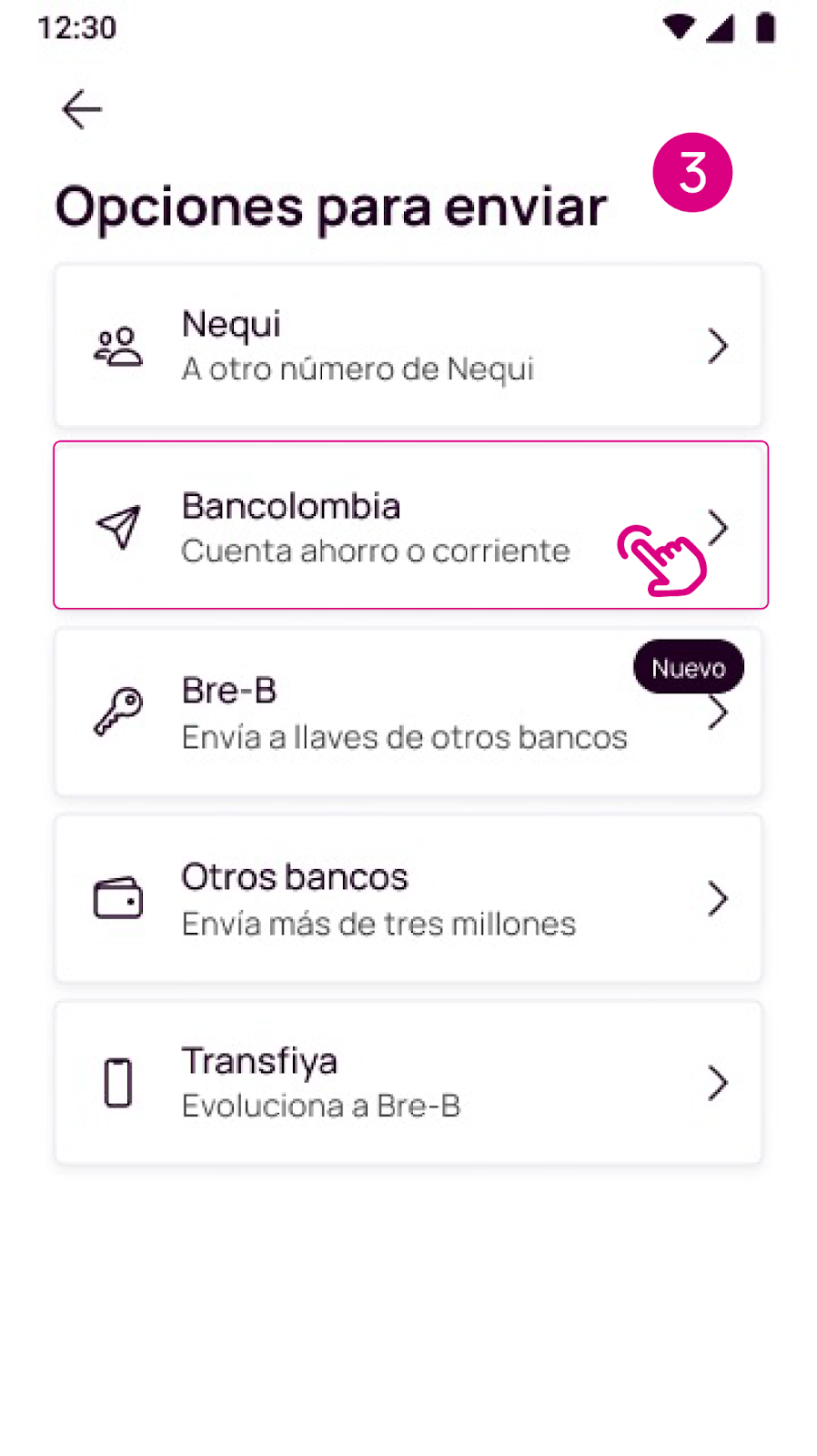 Opción para enviar plata a Bancolombia desde la app Nequi
