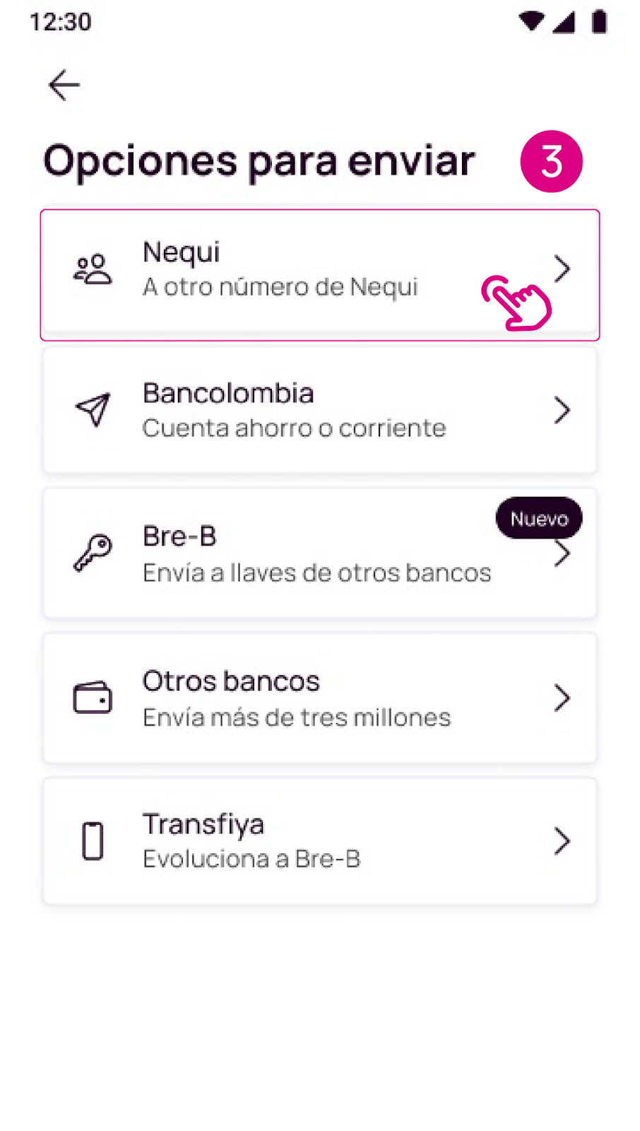 Opción para enviar a otro Nequi desde la app Nequi