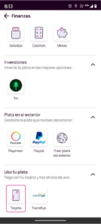 Opción Tarjeta en la app Nequi