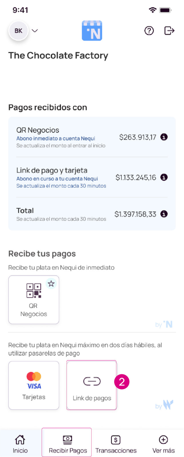 Pantalla de link de pagos en la app Nequi Negocios