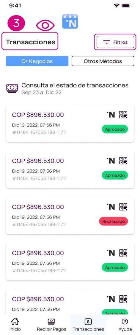 Pantalla con detalle de transacciones en la app Nequi Negocio