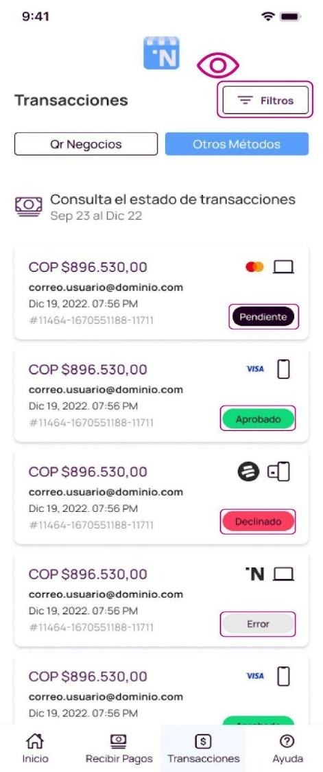 Pantalla con filtro de transacciones en la app Nequi Negocio