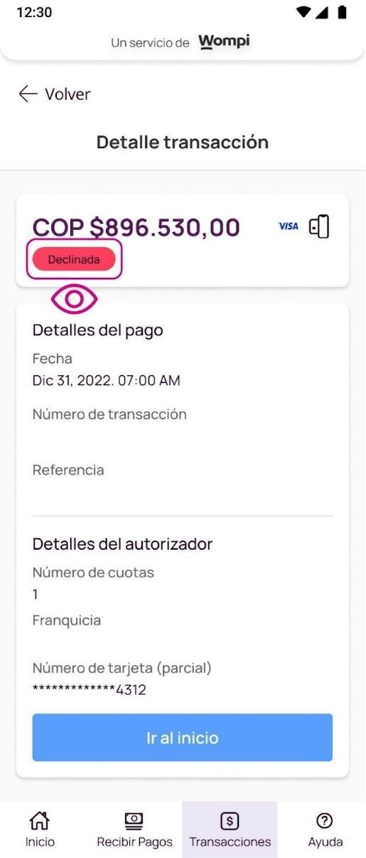 Pantalla con transaccion declinada en la app Nequi Negocio