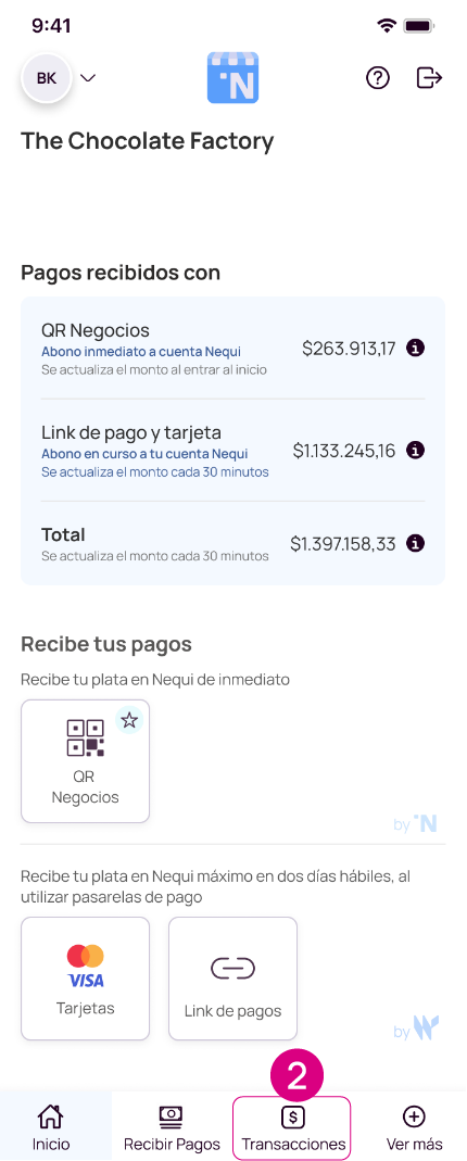 Transacciones en la app Nequi Negocios