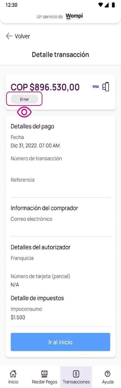 Pantalla con transaccion error en la app Nequi Negocio