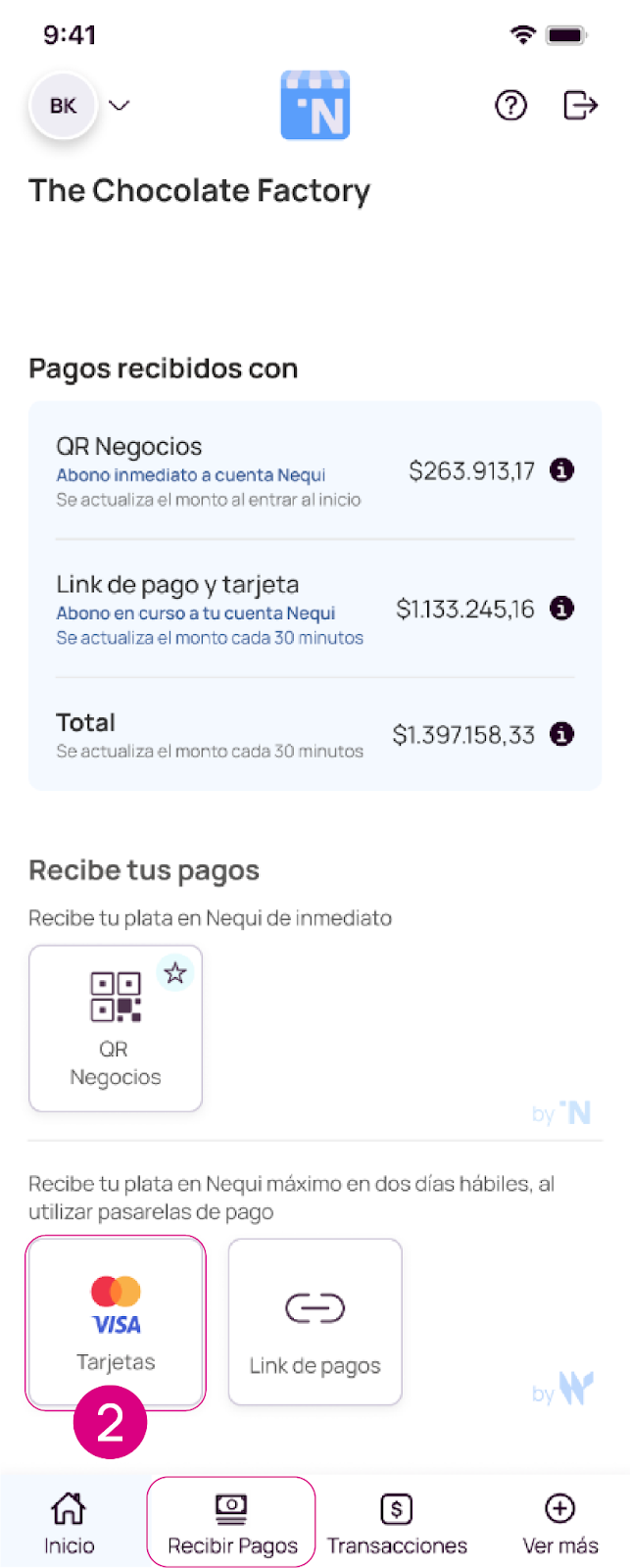 Pantalla de Tarjetas y recibir pagos en la app Nequi Negocios