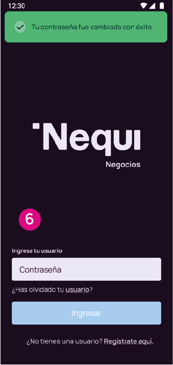 Pantalla principal con notificación de tu contraseña fue cambiada con éxito de la app Nequi Negocios