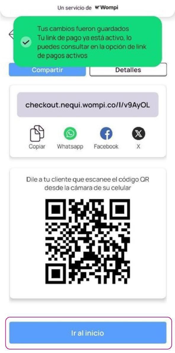 Pantalla de cambios en el link de pagos app Nequi Negocio