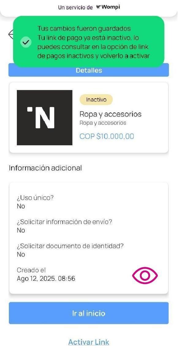Pantalla de link de pago inactivo en app Nequi Negocio