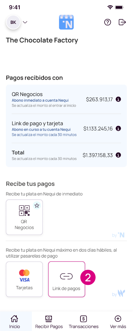 Link de pagos en la app Nequi Negocios