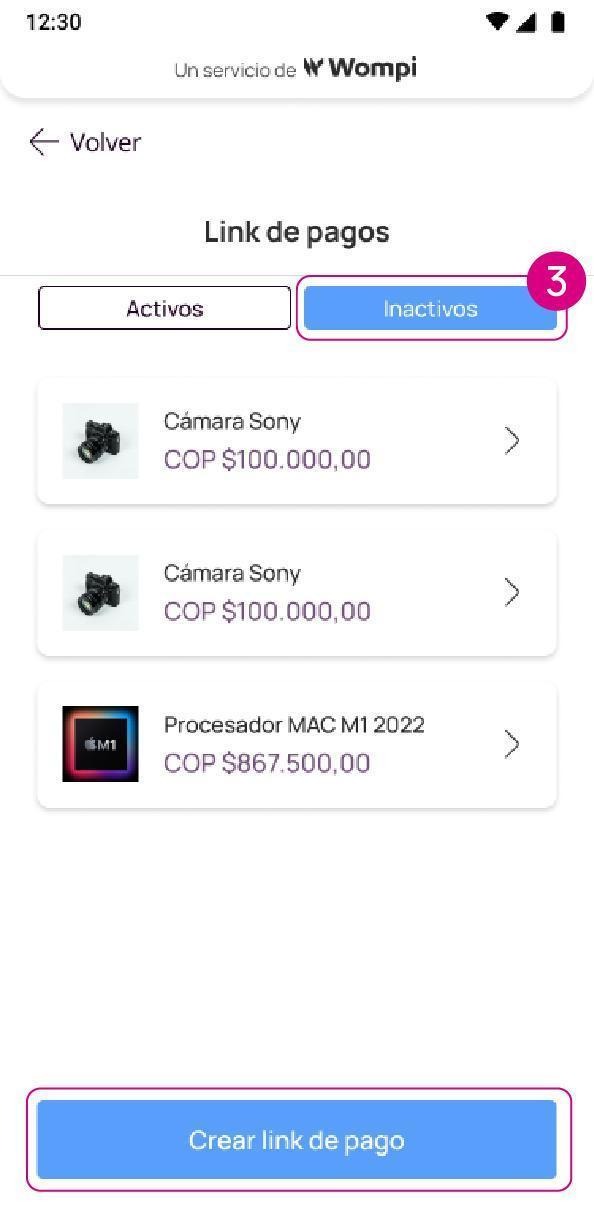 Pantalla link de pagos inactivos en la app Nequi Negocio
