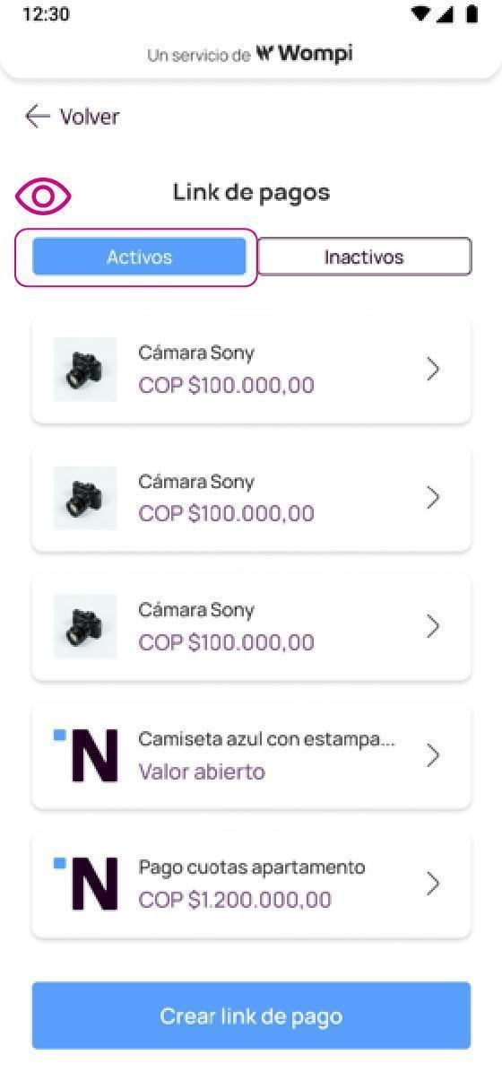 Pantalla link de pagos activos en app Nequi Negocio