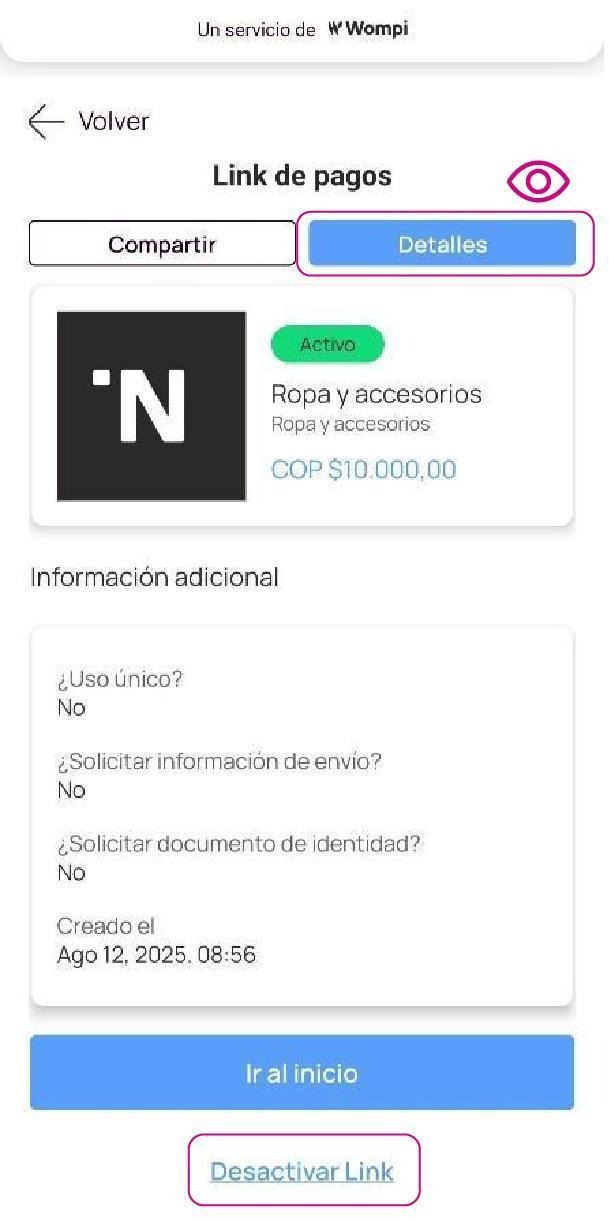 Pantalla de link de pagos y desactivar link en app Nequi Negocio