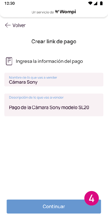 Pantalla de información para crear link de pagos en Pantalla de opciones de pago en app Nequi Negocio
